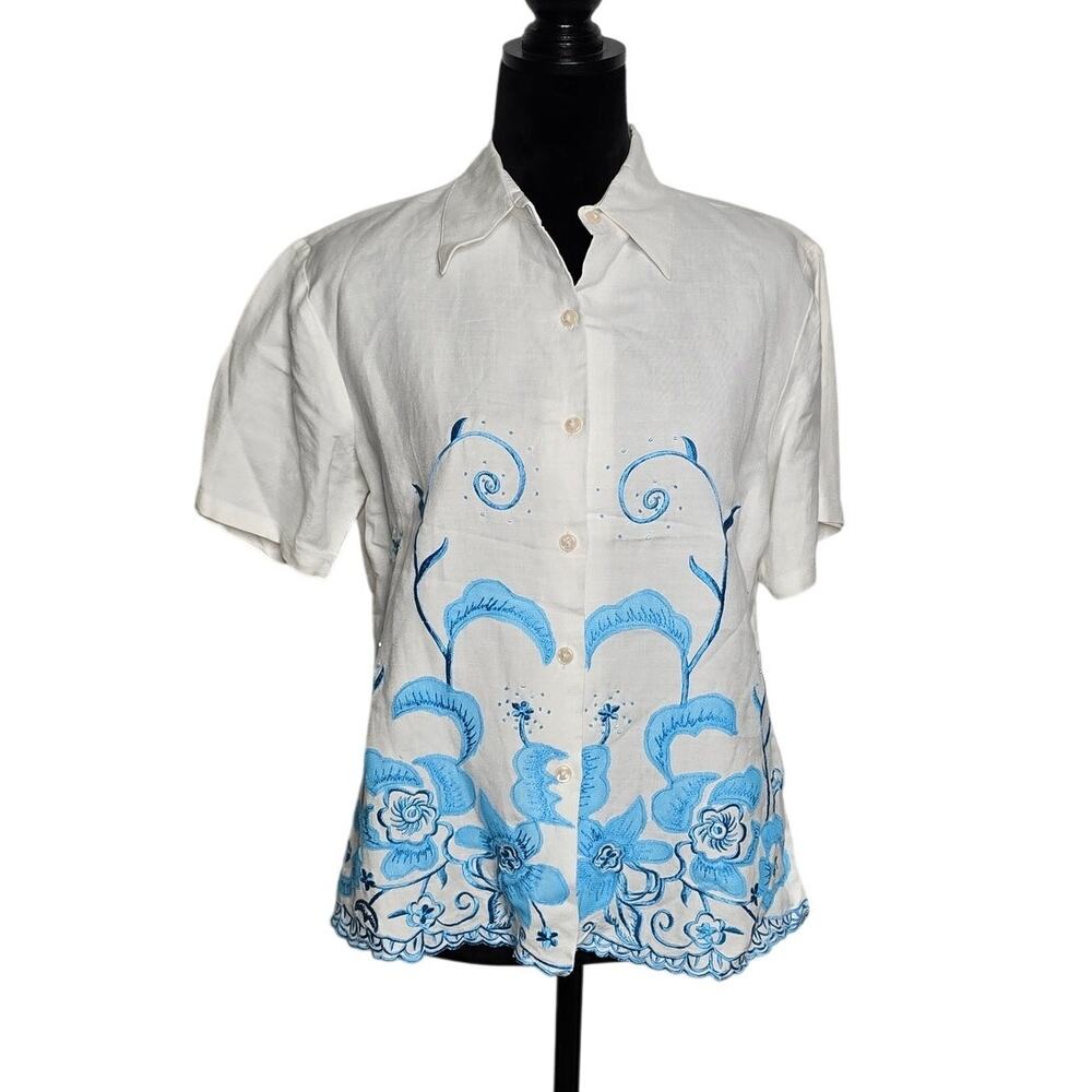Dress-U by Sharon White Blue Embroidered Floral Linen Blend Blouse Size 10